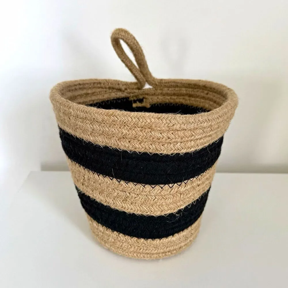 Jute Woven Storage Basket Black Stripe Natural Farmhouse Boho Home Decor